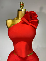 Keira one-shoulder ruffled two-piece bandage set with crop top and bodycon skirt for women.