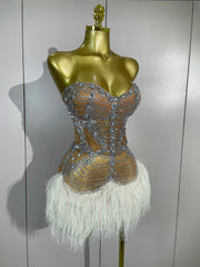 Women Sparkly Diamonds Tassel Sexy Strapless Mesh Sheer Mini Dress Eveing Luxury Birthday Party Singer Nightclub Stage Costume