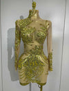 2026 New Sparkly Golden Diamonds Sequins Long Sleeves See-Through Mini Dress Women Birthday Eveing Party Gown Sexy Stage Costume