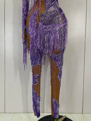 Leonna purple diamond tassel one shoulder mesh jumpsuit for women. Sparkly outfit for festivals, birthdays, nightlife, and stage wear.