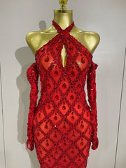 Avery sparkly rhinestones halter mesh long prom dress with gloves for women.