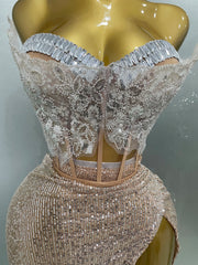 Mannequin Wearing a Sparkly Rhinestone Sequins Two Pieces Birthday Dress with Crystal Embellishments and a Bodycon Fit, Styled for Luxe Celebrations