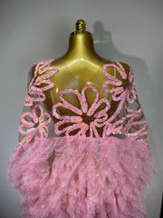 Women Sexy Mesh See Through Sequins Pink Maxi Long Dress Sparkly Sequin Evening Party Costume Stage Performance Birthday Dress