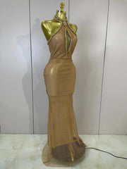 Eva sexy halter sparkly diamond golden mesh sequin maxi dress for evening gala styling