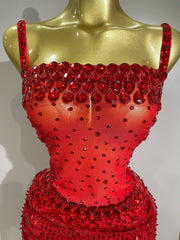 sparkly red rhinestone sequin 2-piece long dress, perfect for stage, birthday celebrations, and glamorous evening events.