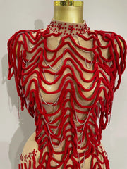 Sexy Fashion Short Dress Mesh Designer Rhinestones Chain Stage Costume 2025 Women Nightclub Celebrate Party Performance Outfit