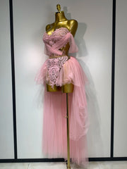 Strapless Pink Mesh Two Pieces Set Birthday Dress
