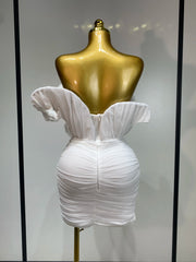Envious Designs Tamara sexy off-the-shoulder white mini dress for birthday and bridal shower styling
