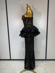 Kelly black sleeveless lace ruffle bodycon dress for birthday parties and special occasions