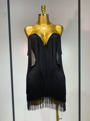 Kimberly sexy off-shoulder fringe bodycon dress with shimmering fringe details and elegant body-hugging fit.