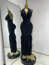 La'Nyah elegant black halter V-neck backless ruffle bodycon long dress for evening party and cocktail styling