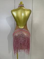 Louise luxury sparkly rhinestone tassel backless mesh mini dress for nightclub and birthday party styling