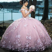 Pink Ball Gown Quinceañera Dress with 3D Flowers