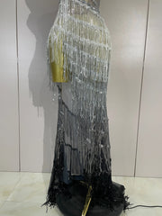 Jini sexy side split diamond pearl tassel mesh see-through long dress for evening gala styling