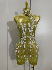 cLARICE sparkly rhinestones white flower see-through mini dress for women, sexy birthday party outfit, photoshoot gown, stage performance costume 2025