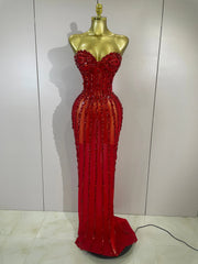 Envious Designs Candice sexy black strapless mesh see-through long dress with luxury sparkly diamonds for evening gala styling