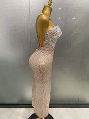 Mannequin Wearing a Sparkly Rhinestone Sequins Two Pieces Birthday Dress with Crystal Embellishments and a Bodycon Fit, Styled for Luxe Celebrations