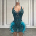 Peacock Blue Feather Diamond Mini Dress