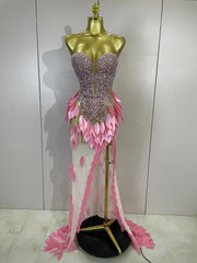 Liah sparkly diamond pearl strapless mesh maxi dress for evening party and stage performance styling