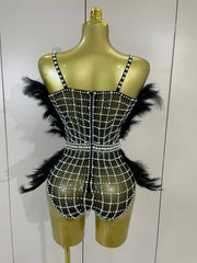 Shine in the Tabitha pearl, rhinestone, and feather mesh bodysuit. Luxury stretch outfit for stage performances, parties, and special events.