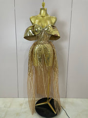 Candice luxury sparkle gold diamond sequin mesh see-through long dress for evening gala styling