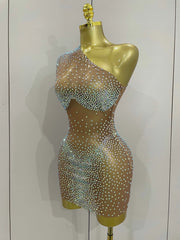 Sasha One Shoulder Rhinestone Mesh Sheer Mini Dress