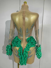 2026 New Sparkly Rhinestone Ruffled Long Sleeves See-Through Mini Dress Women Birthday Eveing Party Sexy Nightclub Stage Costume