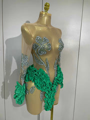 2026 New Sparkly Rhinestone Ruffled Long Sleeves See-Through Mini Dress Women Birthday Eveing Party Sexy Nightclub Stage Costume