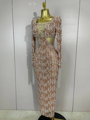 Jennifer luxury pearl beading chain long sleeve bodycon maxi dress for evening and party events.