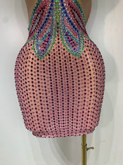 Miranda colorful crystal mesh bodycon mini dress. V-neck party dress for birthdays, vacations, nightlife, and stage performances.