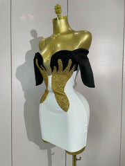 Joan Sexy Shiny Golden Rhinestone White Bandage Mini Dress Birthday Party Outfit Women