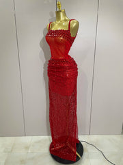 sparkly red rhinestone sequin 2-piece long dress, perfect for stage, birthday celebrations, and glamorous evening events.
