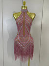 Louise luxury sparkly rhinestone tassel backless mesh mini dress for nightclub and birthday party styling
