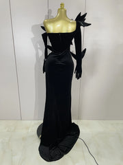 Shiny diamond velvet side slit long dress with gloves – elegant women’s evening gown for birthday, banquet, nightclub, and stage hosting.