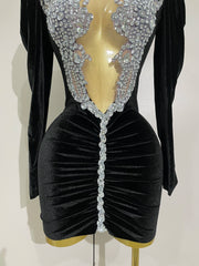 Taye black velvet short dress with sparkling crystals and mesh overlay for women’s evening, prom, or birthday parties.