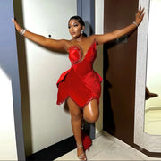 Mannequin Wearing a Red Sweetheart Sequins Beads Birthday Dress With Bow Train Featuring Crystal Embellishments and a Dramatic Back Bow, Styled for Luxe Celebrations