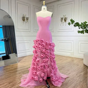 2025 Mermaid Evening Prom Dress Pink Flowers Strapless Side Slit