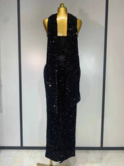 Mendi Sexy Strapless Sequin Black Maxi Long Bandage Three Piece Set