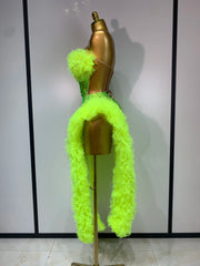 Luxury rhinestone strapless two-piece outfit with sparkly crop top and skirt for party or stage wear.