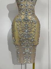sparkly crystal diamond see-through stretch mesh dress, perfect for nightclub, stage performance, evening, and birthday parties.