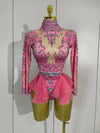 Women’s sparkly pink diamond print long sleeve bodysuit for nightclub party, festival, DJ, singer, dancer stage performance wear
