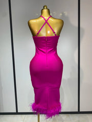 Luxury sleeveless feather backless midi dress with elegant bodycon fit for birthday or evening wear.