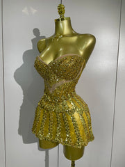 Joie luxury sexy sparkling gold diamonds sheer mesh mini dress for women party night out