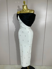 Samantha elegant sexy off shoulder ruched beaded patchwork bodycon long bandage dress for women party evening