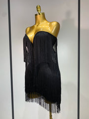 Kimberly sexy off-shoulder fringe bodycon dress with shimmering fringe details and elegant body-hugging fit.