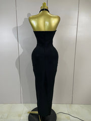 Look elegant in the Bianca black beaded scalloped halter bandage maxi dress. Perfect for weddings, cocktail parties, galas, and evening events.