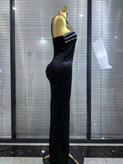 Jenn black sleeveless velvet bodycon maxi dress with sparkling crystal strap details
