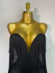 Kimberly sexy off-shoulder fringe bodycon dress with shimmering fringe details and elegant body-hugging fit.