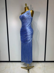 Criselda one-shoulder tassel bandage dress featuring a fitted bodycon silhouette and statement tassel details