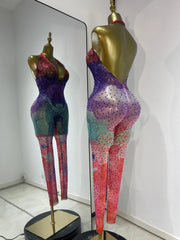 Debra Sparkly Rhinestone Colorful Print Mesh Halter Jumpsuit